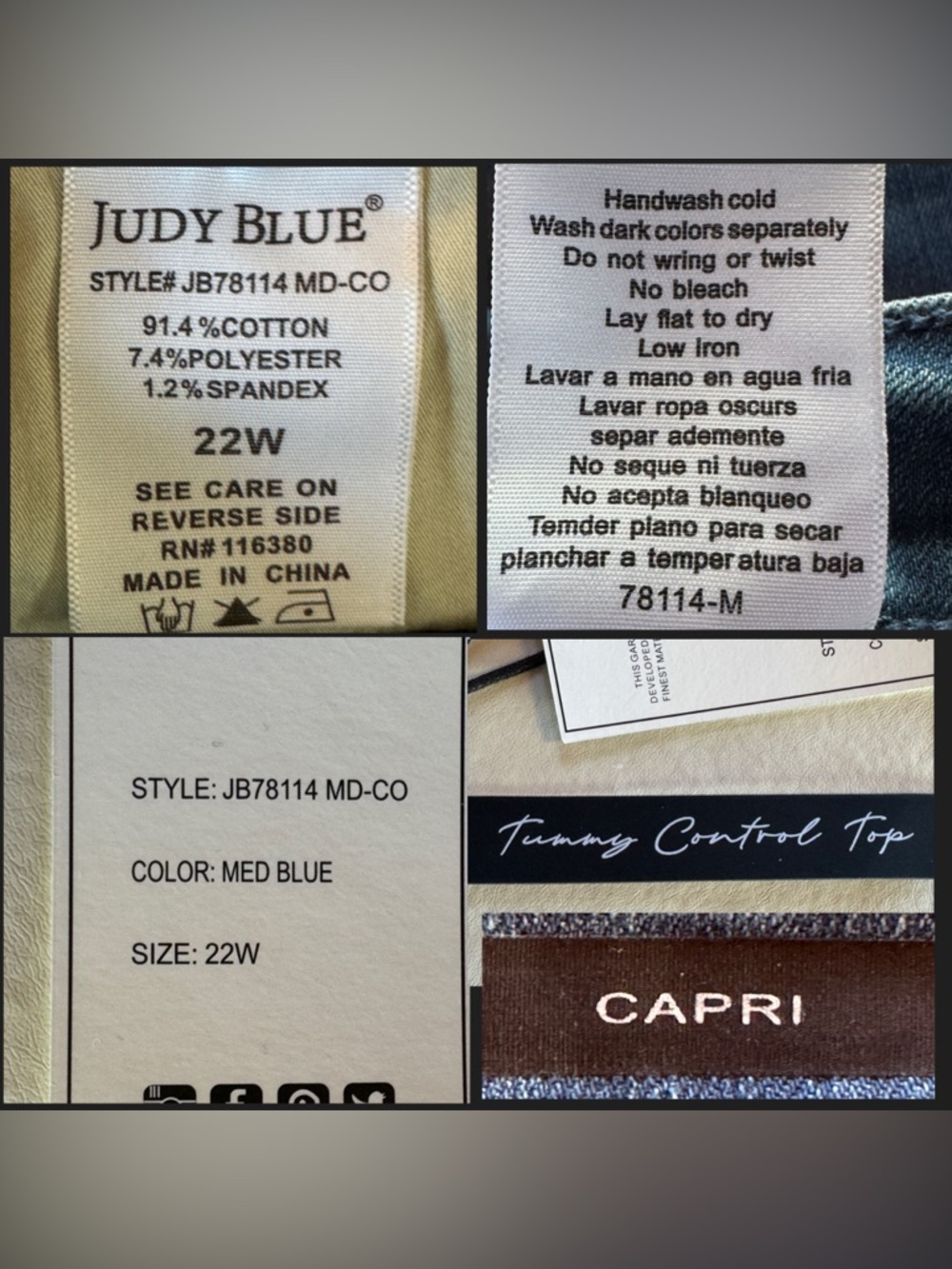 NWT Judy Blue Capri Med Blue Cropped Jeans JB78114 Tummy Control Top (22W) - Picture 6 of 16